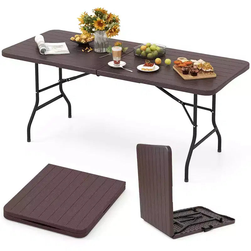 Tavolo Pieghevole Portatile da 183 cm con Piano in HDPE Effetto Legno Meccanismo di Blocco di Sicurezza Grigio/Marrone
