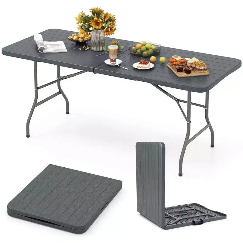 Tavolo Pieghevole Portatile da 183 cm con Piano in HDPE Effetto Legno Meccanismo di Blocco di Sicurezza Grigio/Marrone