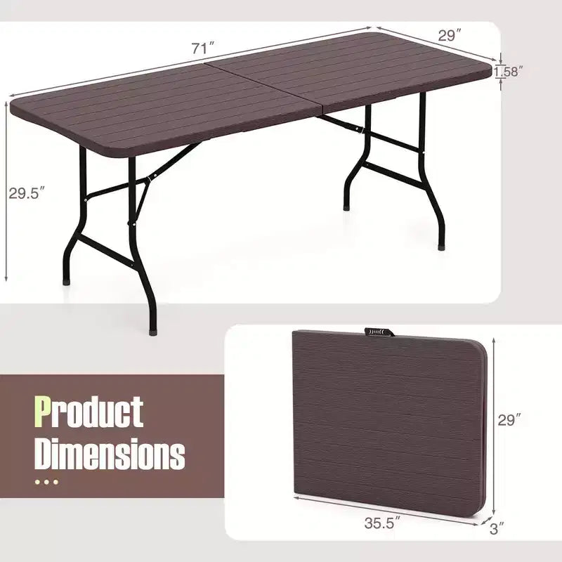 Tavolo Pieghevole Portatile da 183 cm con Piano in HDPE Effetto Legno Meccanismo di Blocco di Sicurezza Grigio/Marrone