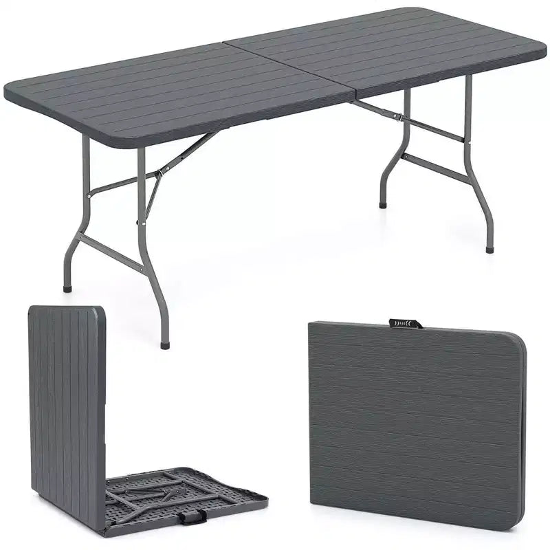 Tavolo Pieghevole Portatile da 183 cm con Piano in HDPE Effetto Legno Meccanismo di Blocco di Sicurezza Grigio/Marrone