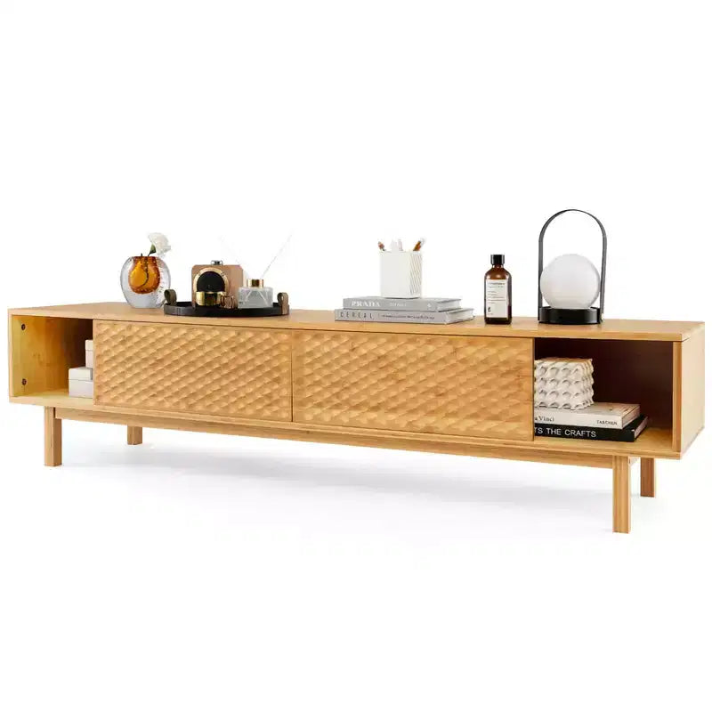 Costway 63 Bamboo TV Stand with 3 Storage Cubes Sliding Doors Mid Century Storage Cabinet