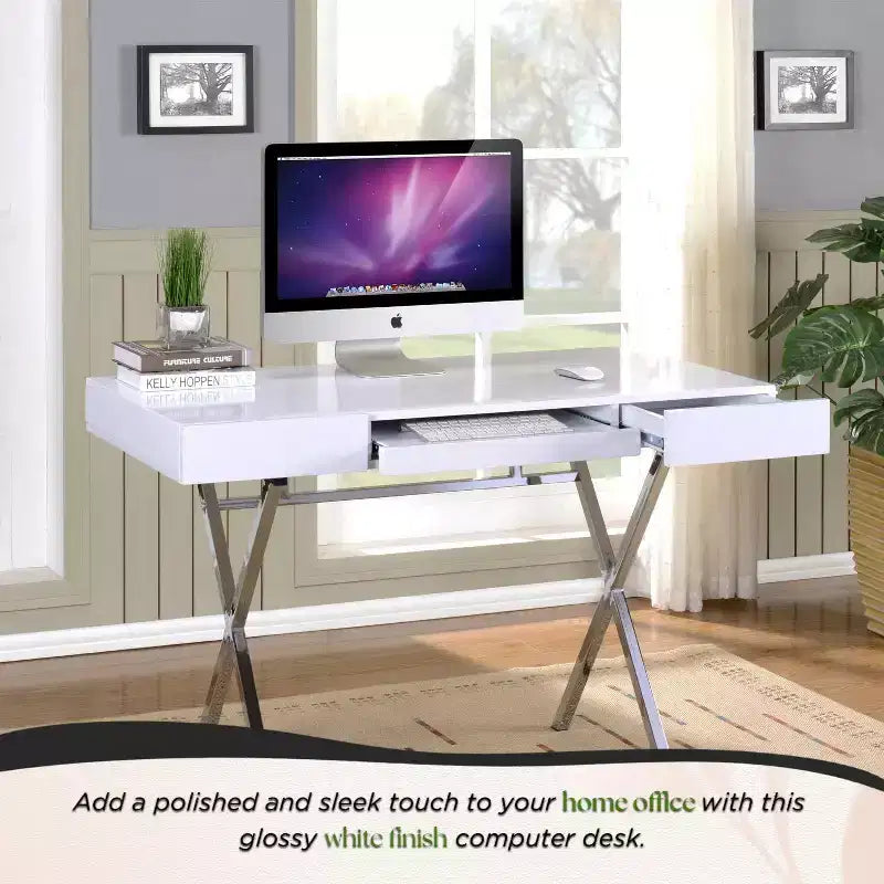 Kings Brand Furniture Scrivania da ufficio Logan con cassetti, vassoio tastiera e struttura a X Scrivania per computer, scrivania, scrivania da ufficio
