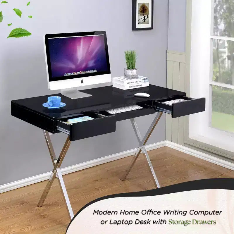 Kings Brand Furniture Scrivania da ufficio Logan con cassetti, vassoio tastiera e struttura a X Scrivania per computer, scrivania, scrivania da ufficio