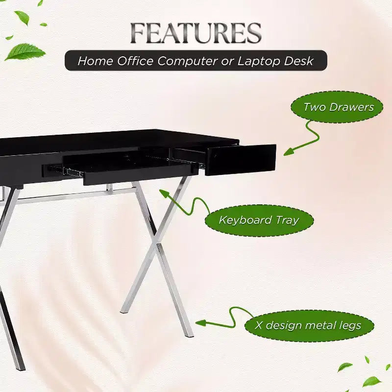 Kings Brand Furniture Scrivania da ufficio Logan con cassetti, vassoio tastiera e struttura a X Scrivania per computer, scrivania, scrivania da ufficio