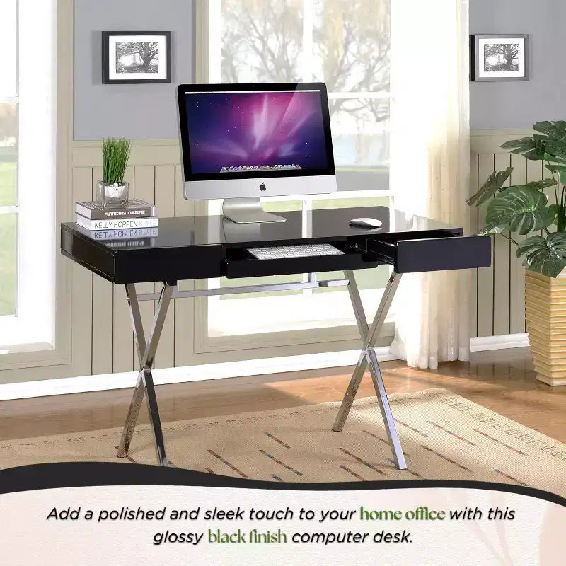 Kings Brand Furniture Scrivania da ufficio Logan con cassetti, vassoio tastiera e struttura a X Scrivania per computer, scrivania, scrivania da ufficio