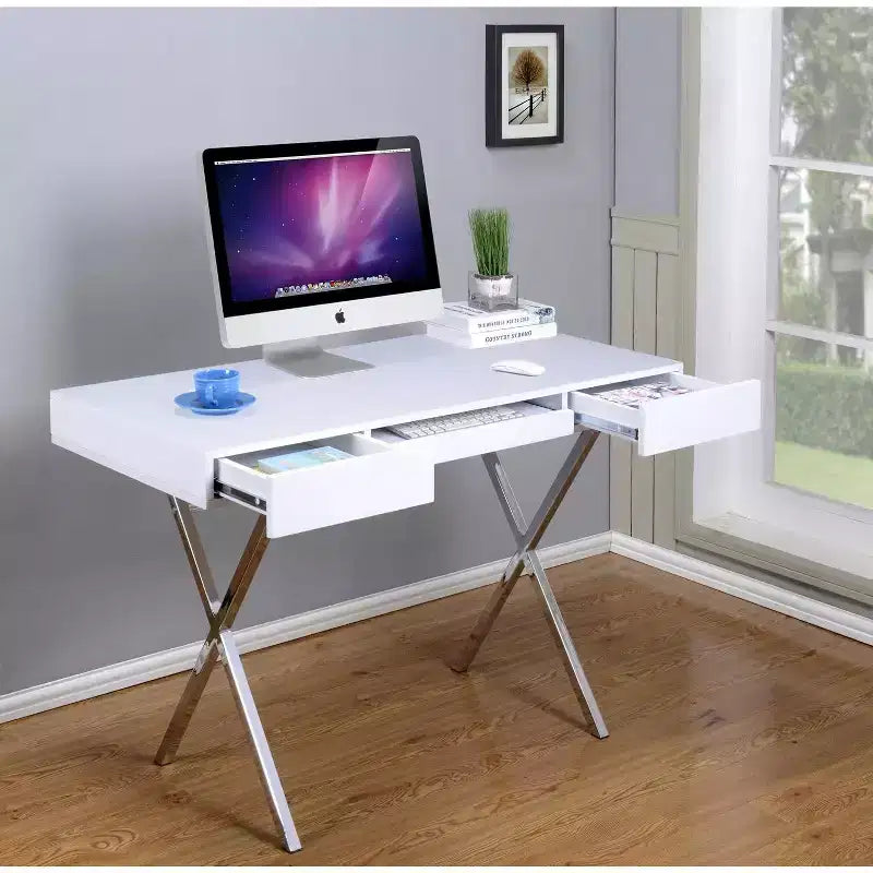 Kings Brand Furniture Scrivania da ufficio Logan con cassetti, vassoio tastiera e struttura a X Scrivania per computer, scrivania, scrivania da ufficio