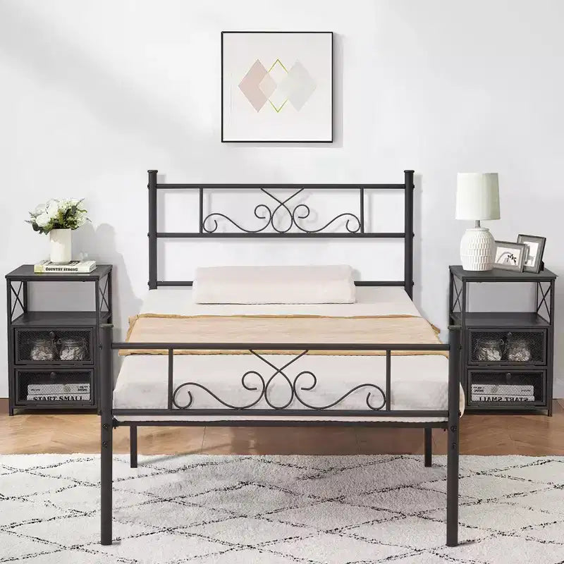Struttura letto matrimoniale/una piazza e mezza/queen/king size con testiera e pediera, piattaforma letto in metallo, nero