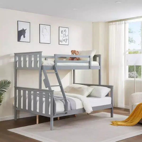 Twin over Full Bunk Bed with Ladder  Wooden Frame with High Guardrails for Kids  No Box Spring Needed  Sturdy and Space-Saving  Gray
