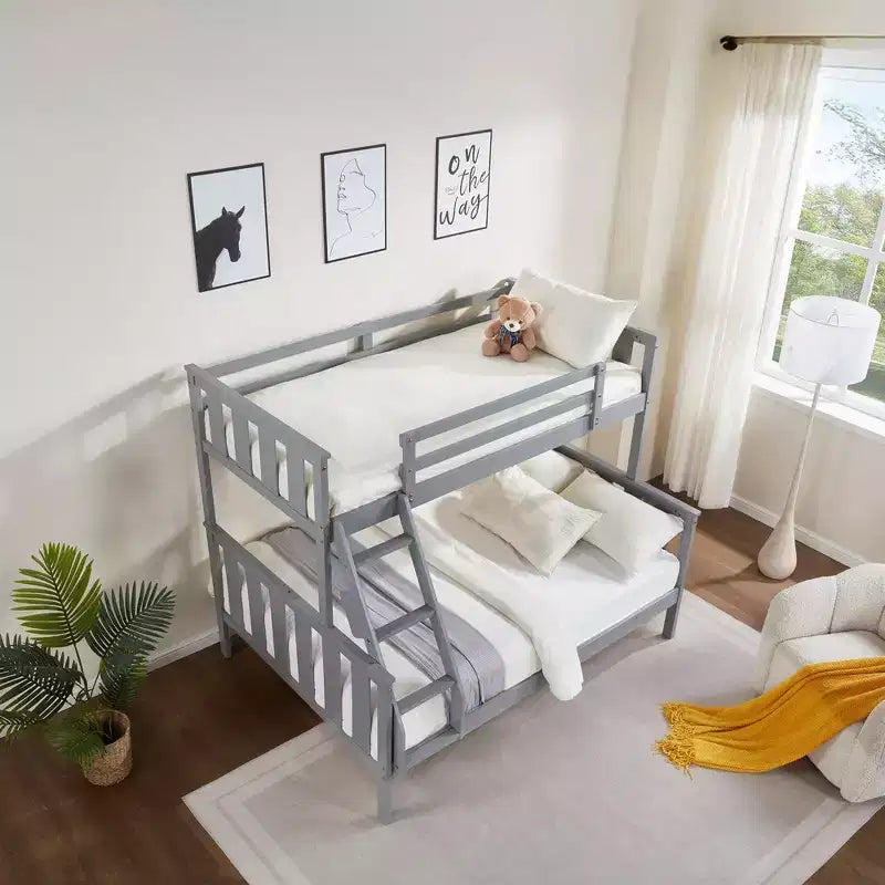 Letto a castello a due piazze con scaletta Telaio in legno con sponde alte per bambini Non è necessaria la rete a molle Robusto e salvaspazio Grigio