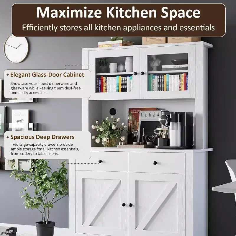 Dispensa da Cucina Autoportante con Cassetti e Credenza, Ripiani Regolabili e Supporto per Microonde, Unità di Stoccaggio Alta 160 cm per Sale da Pranzo
