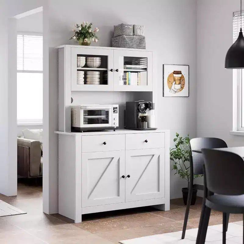 Dispensa da Cucina Autoportante con Cassetti e Credenza, Ripiani Regolabili e Supporto per Microonde, Unità di Stoccaggio Alta 160 cm per Sale da Pranzo