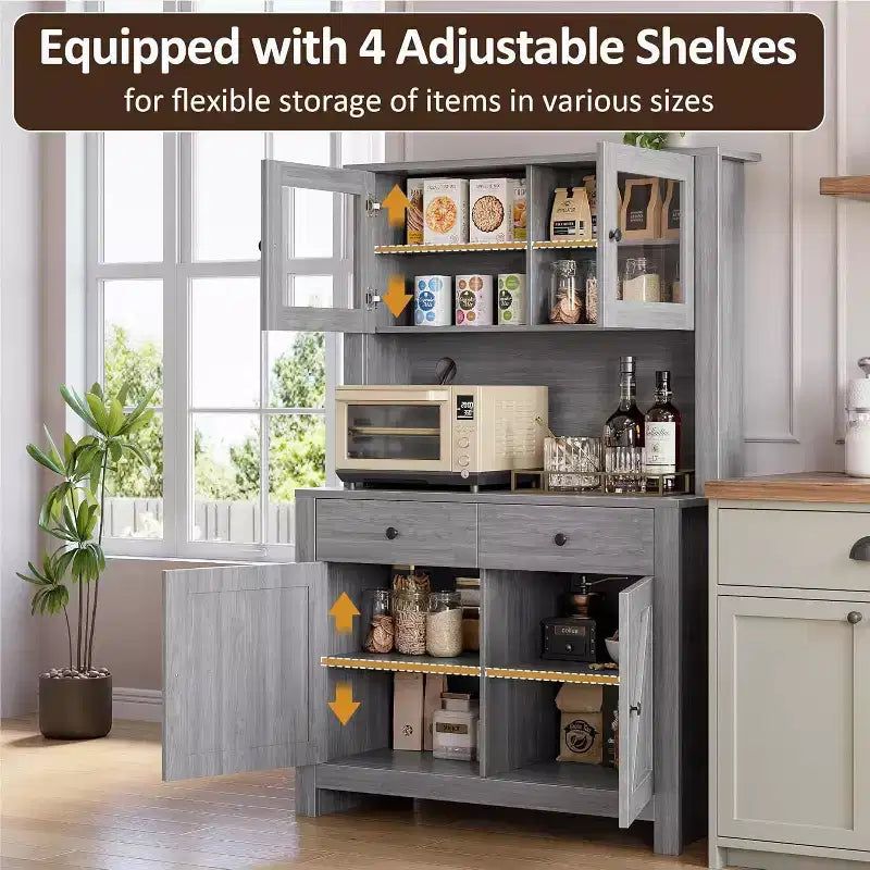 Dispensa da Cucina Autoportante con Cassetti e Credenza, Ripiani Regolabili e Supporto per Microonde, Unità di Stoccaggio Alta 160 cm per Sale da Pranzo
