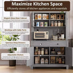 Dispensa da Cucina Autoportante con Cassetti e Credenza, Ripiani Regolabili e Supporto per Microonde, Unità di Stoccaggio Alta 160 cm per Sale da Pranzo