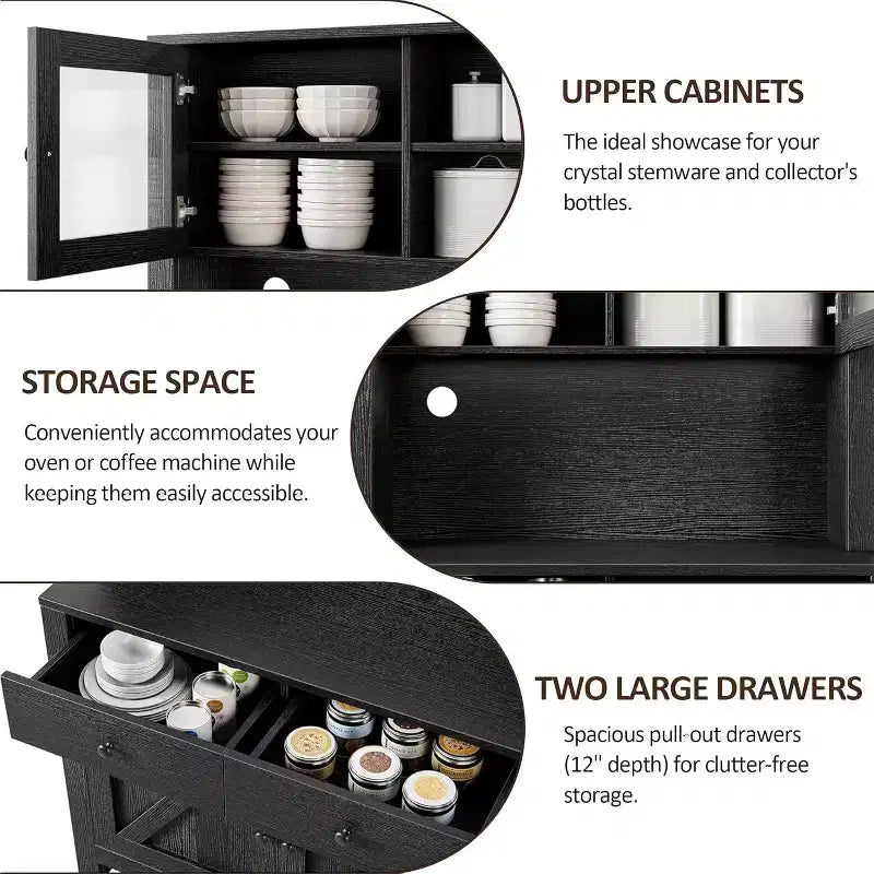 Dispensa da Cucina Autoportante con Cassetti e Credenza, Ripiani Regolabili e Supporto per Microonde, Unità di Stoccaggio Alta 160 cm per Sale da Pranzo
