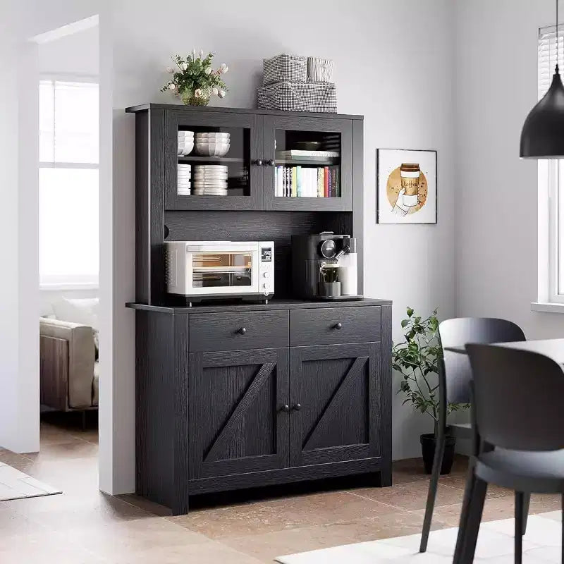Dispensa da Cucina Autoportante con Cassetti e Credenza, Ripiani Regolabili e Supporto per Microonde, Unità di Stoccaggio Alta 160 cm per Sale da Pranzo