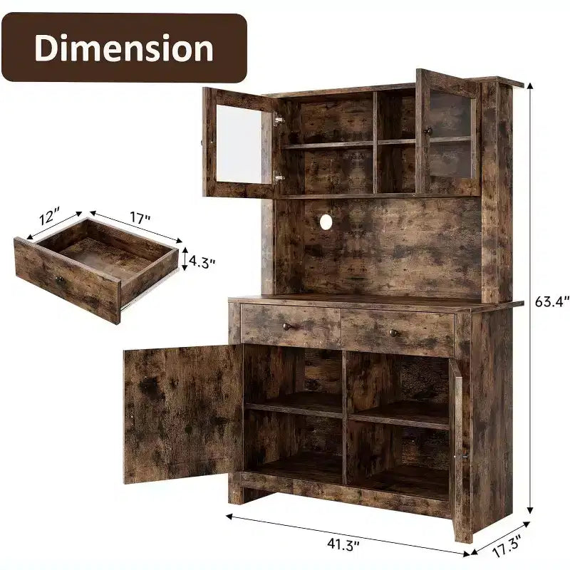 Dispensa da Cucina Autoportante con Cassetti e Credenza, Ripiani Regolabili e Supporto per Microonde, Unità di Stoccaggio Alta 160 cm per Sale da Pranzo