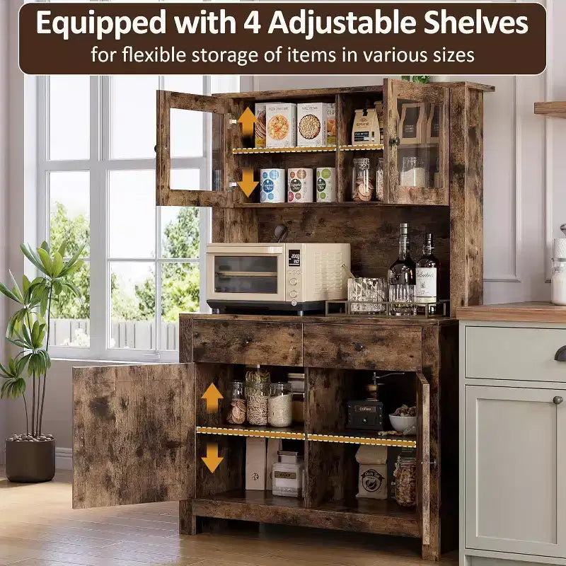 Dispensa da Cucina Autoportante con Cassetti e Credenza, Ripiani Regolabili e Supporto per Microonde, Unità di Stoccaggio Alta 160 cm per Sale da Pranzo