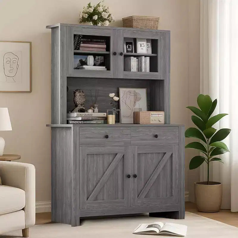 Dispensa da Cucina Autoportante con Cassetti e Credenza, Ripiani Regolabili e Supporto per Microonde, Unità di Stoccaggio Alta 160 cm per Sale da Pranzo