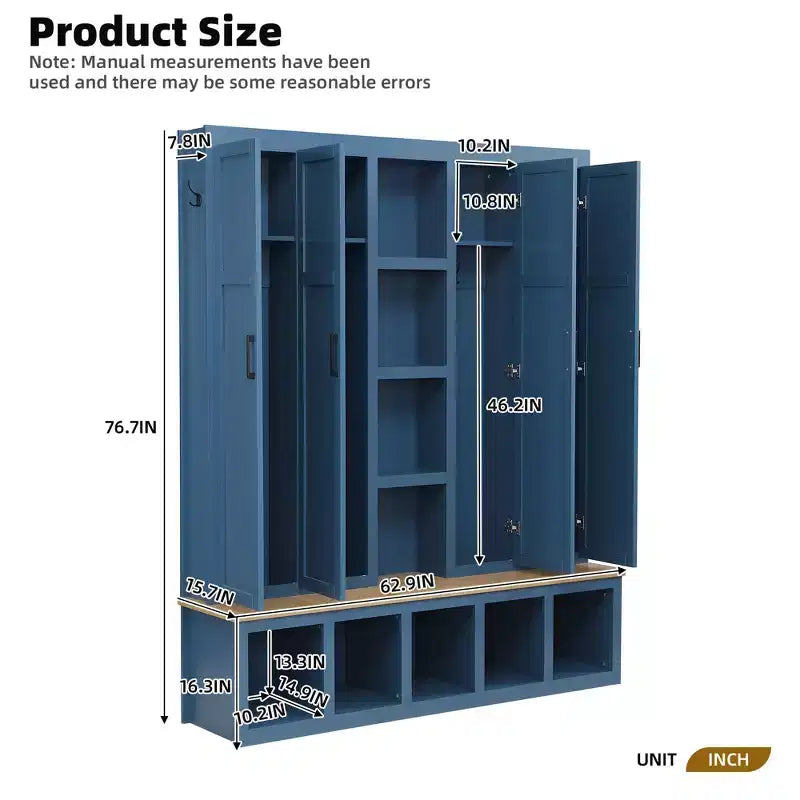 Appendiabiti da ingresso 4 in 1 Blue Farmhouse con 6 ganci, panca in legno per mudroom con scomparti aperti