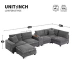 Divano sezionale modulare a U extra large da 140" con poggiapiedi, consolle, caricatore USB, portabicchieri, contenitore e rivestimento in velluto a coste, 6 posti per soggiorno