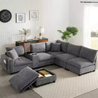 Divano sezionale modulare a U extra large da 140" con poggiapiedi, consolle, caricatore USB, portabicchieri, contenitore e rivestimento in velluto a coste, 6 posti per soggiorno