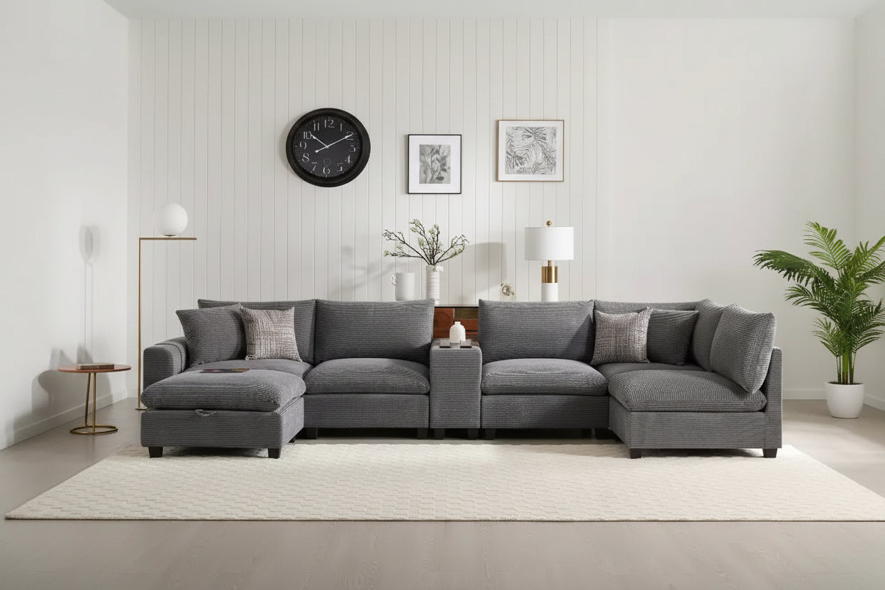 Divano sezionale modulare a U extra large da 140" con poggiapiedi, consolle, caricatore USB, portabicchieri, contenitore e rivestimento in velluto a coste, 6 posti per soggiorno