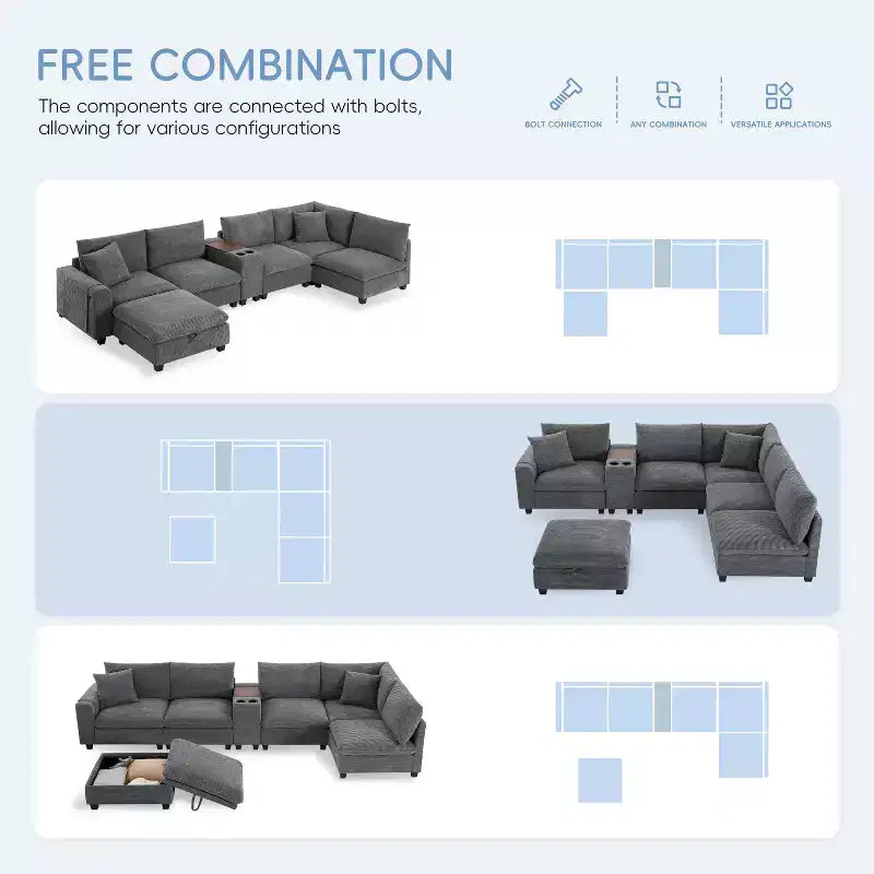 Divano sezionale modulare a U extra large da 140" con poggiapiedi, consolle, caricatore USB, portabicchieri, contenitore e rivestimento in velluto a coste, 6 posti per soggiorno
