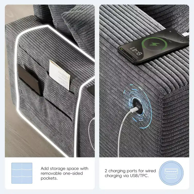 Divano sezionale modulare a U extra large da 140" con poggiapiedi, consolle, caricatore USB, portabicchieri, contenitore e rivestimento in velluto a coste, 6 posti per soggiorno
