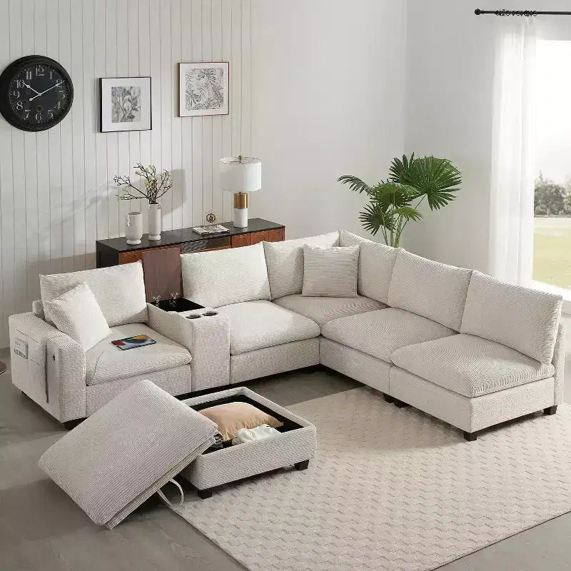 Divano sezionale modulare a U extra large da 140" con poggiapiedi, consolle, caricatore USB, portabicchieri, contenitore e rivestimento in velluto a coste, 6 posti per soggiorno