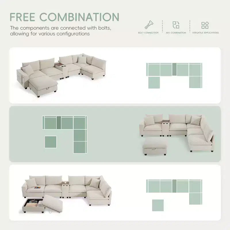 Divano sezionale modulare a U extra large da 140" con poggiapiedi, consolle, caricatore USB, portabicchieri, contenitore e rivestimento in velluto a coste, 6 posti per soggiorno