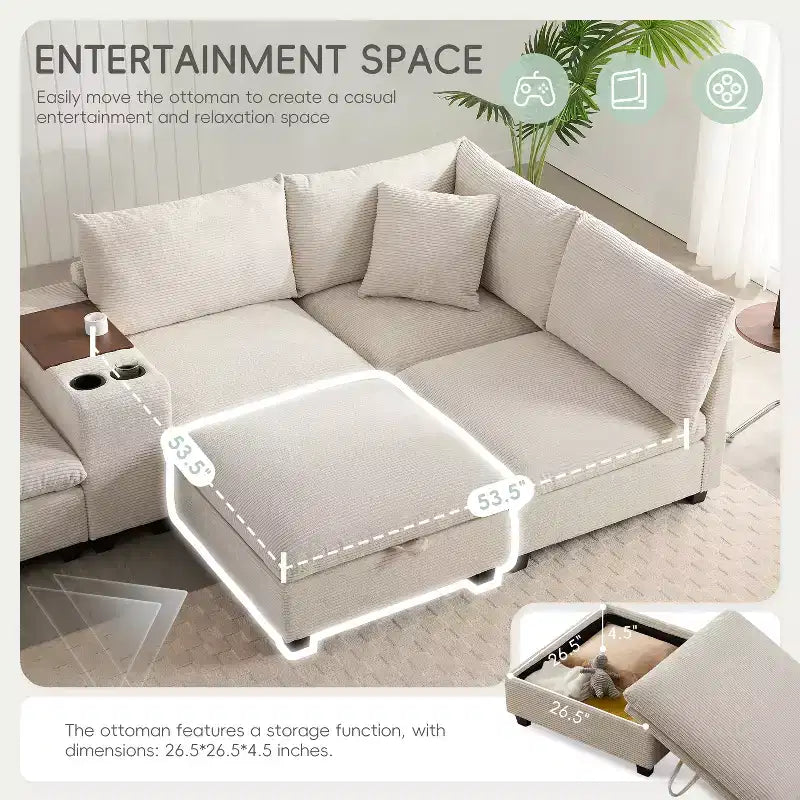 Divano sezionale modulare a U extra large da 140" con poggiapiedi, consolle, caricatore USB, portabicchieri, contenitore e rivestimento in velluto a coste, 6 posti per soggiorno