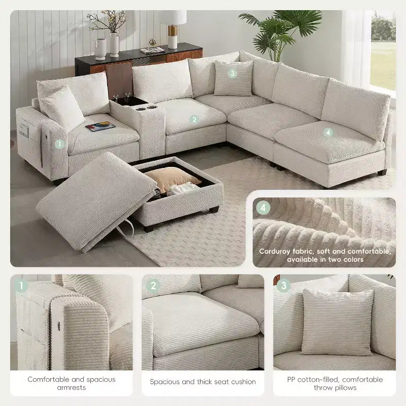 Divano sezionale modulare a U extra large da 140" con poggiapiedi, consolle, caricatore USB, portabicchieri, contenitore e rivestimento in velluto a coste, 6 posti per soggiorno