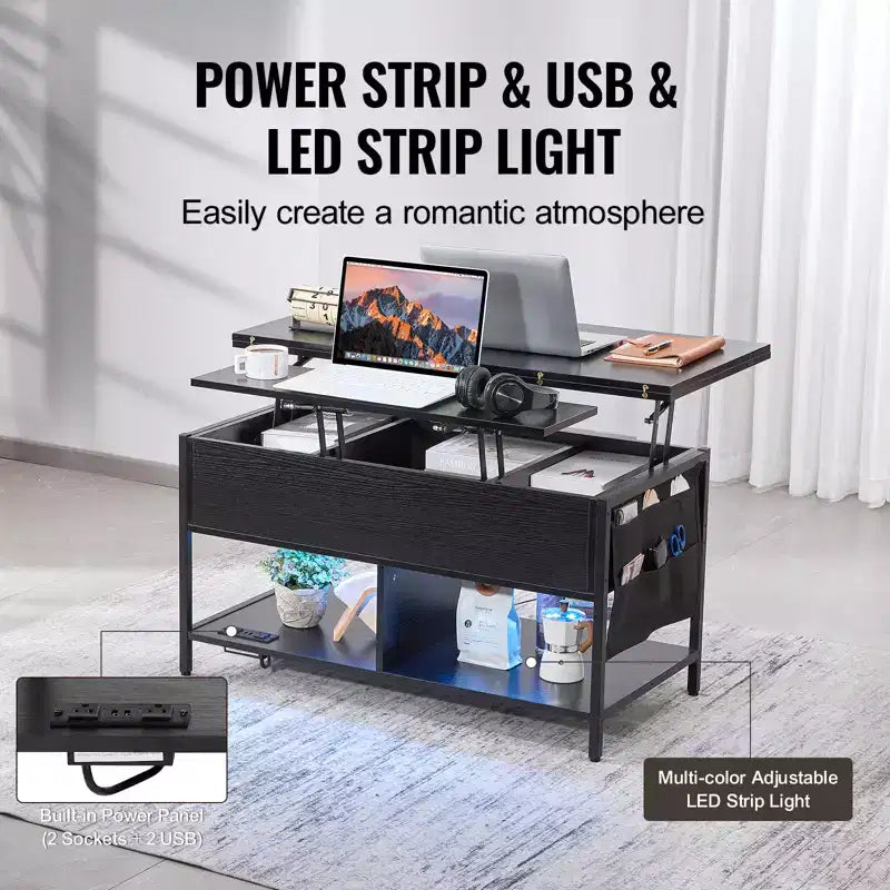 VEVOR Tavolino da Caffè con Parte Superiore Sollevabile, Tavolino da Caffè Rettangolare da 100 cm, Tavolino da Caffè Ribaltabile con Presa Multipla e USB e Illuminazione Ambientale, Nero