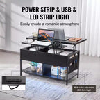 VEVOR Tavolino da Caffè con Parte Superiore Sollevabile, Tavolino da Caffè Rettangolare da 100 cm, Tavolino da Caffè Ribaltabile con Presa Multipla e USB e Illuminazione Ambientale, Nero