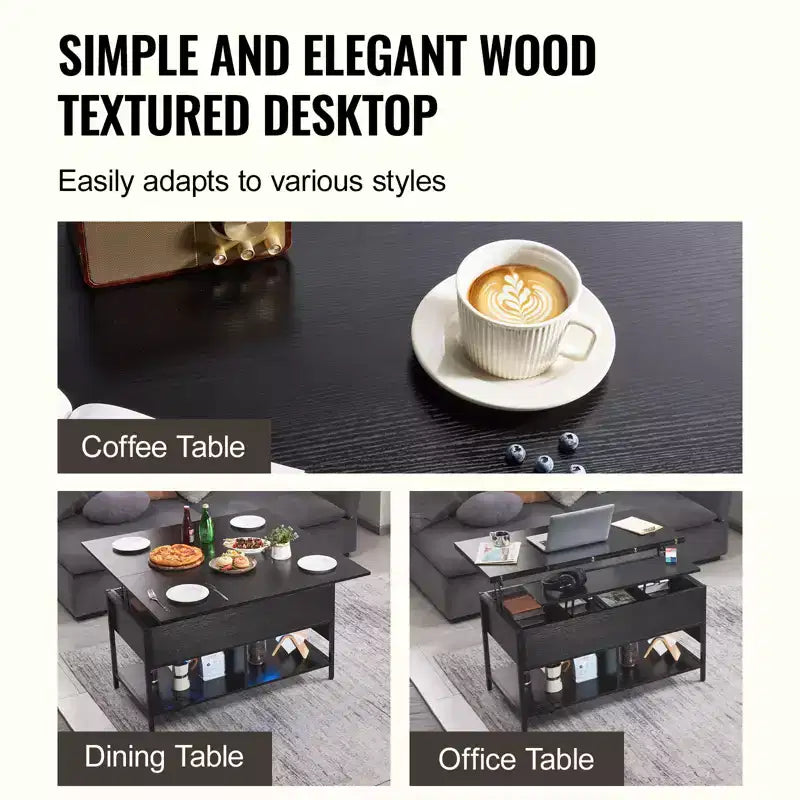 VEVOR Tavolino da Caffè con Parte Superiore Sollevabile, Tavolino da Caffè Rettangolare da 100 cm, Tavolino da Caffè Ribaltabile con Presa Multipla e USB e Illuminazione Ambientale, Nero