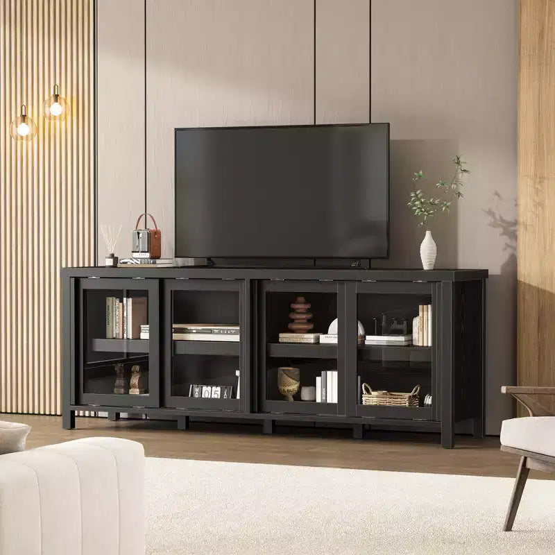 Mobile porta TV Garvee per 65 pollici, mobile TV con armadietto e 4 ante scorrevoli in vetro, tavolo console per soggiorno camera da letto