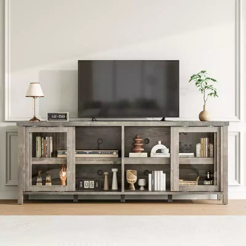 Mobile porta TV Garvee per 65 pollici, mobile TV con armadietto e 4 ante scorrevoli in vetro, tavolo console per soggiorno camera da letto