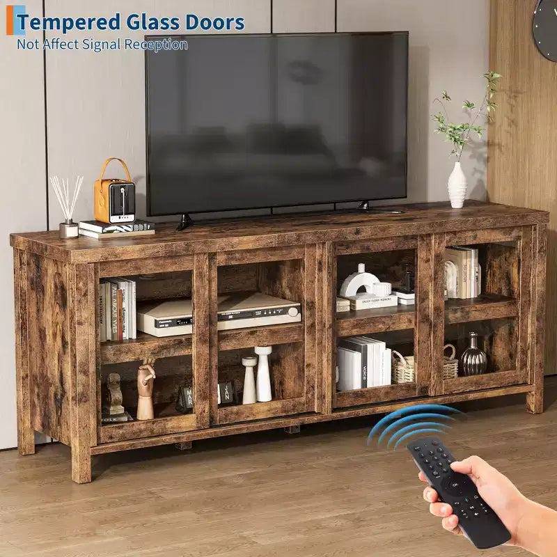 Mobile porta TV Garvee per 65 pollici, mobile TV con armadietto e 4 ante scorrevoli in vetro, tavolo console per soggiorno camera da letto