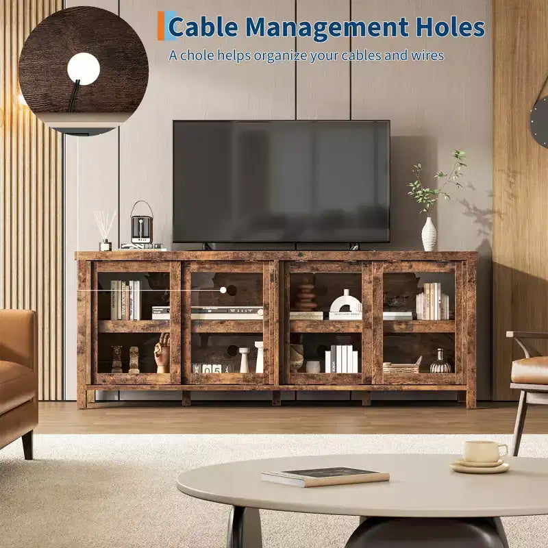 Mobile porta TV Garvee per 65 pollici, mobile TV con armadietto e 4 ante scorrevoli in vetro, tavolo console per soggiorno camera da letto
