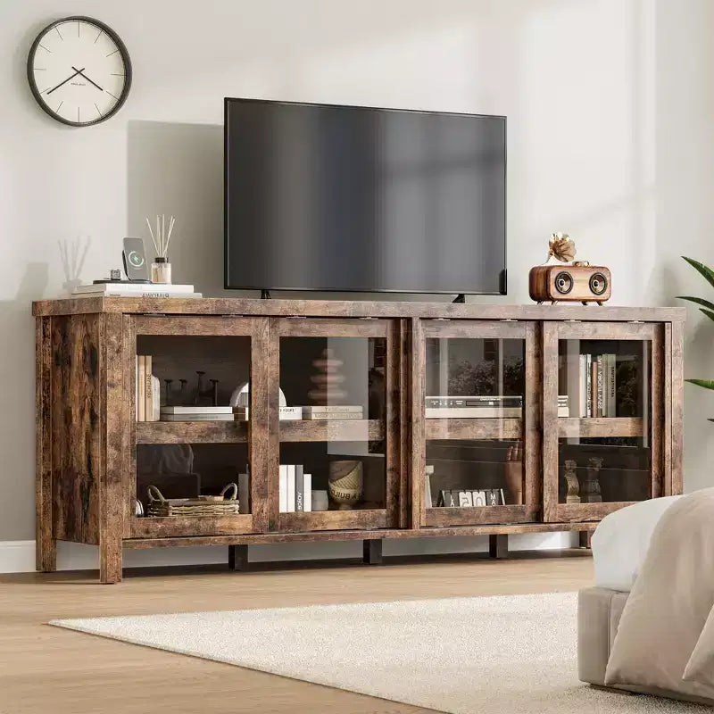 Mobile porta TV Garvee per 65 pollici, mobile TV con armadietto e 4 ante scorrevoli in vetro, tavolo console per soggiorno camera da letto
