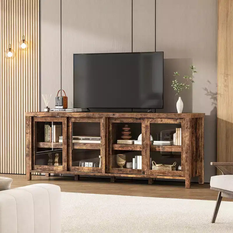 Mobile porta TV Garvee per 65 pollici, mobile TV con armadietto e 4 ante scorrevoli in vetro, tavolo console per soggiorno camera da letto