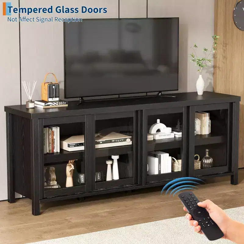 Mobile porta TV Garvee per 65 pollici, mobile TV con armadietto e 4 ante scorrevoli in vetro, tavolo console per soggiorno camera da letto