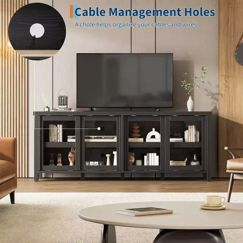 Mobile porta TV Garvee per 65 pollici, mobile TV con armadietto e 4 ante scorrevoli in vetro, tavolo console per soggiorno camera da letto