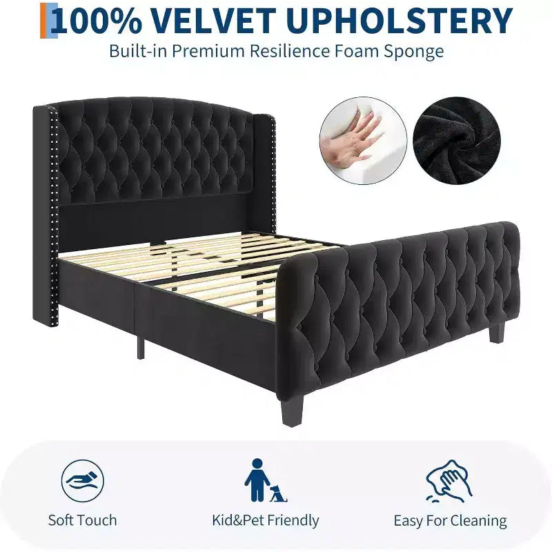 Acekool 51 Telaio letto matrimoniale in velluto crema - Testiera ad alette, Imbottitura capitonné profonda, Non necessita di rete, Facile montaggio