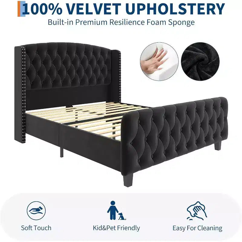 Acekool 51 Telaio letto matrimoniale in velluto crema - Testiera ad alette, Imbottitura capitonné profonda, Non necessita di rete, Facile montaggio