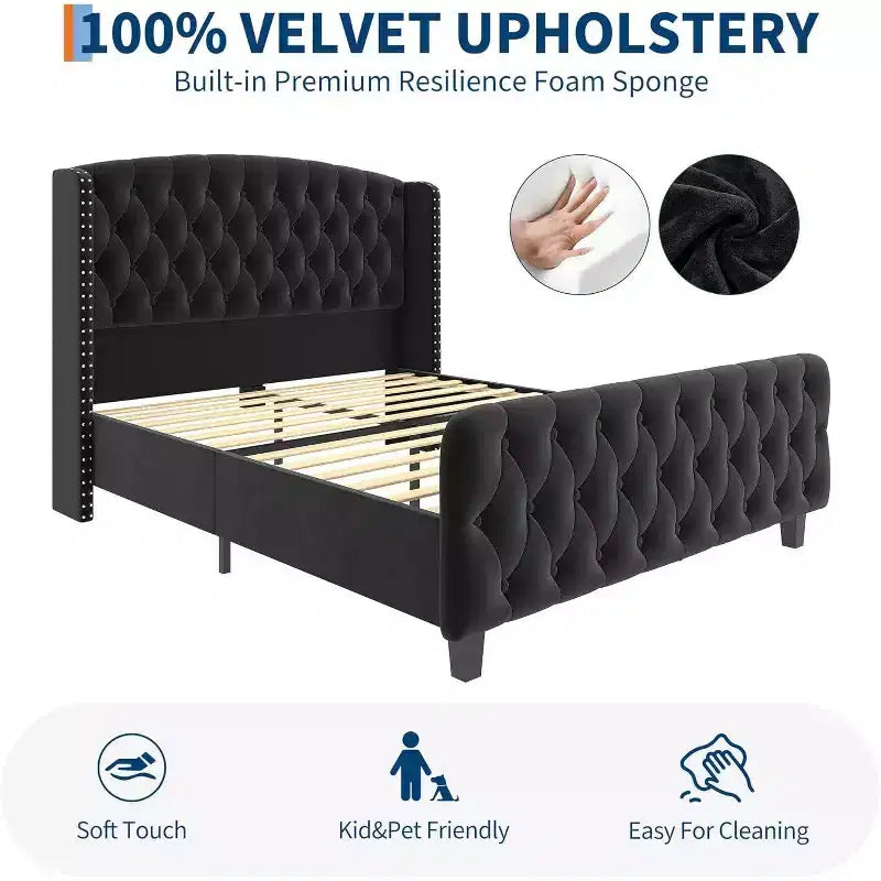 Acekool 51 Telaio letto matrimoniale in velluto crema - Testiera ad alette, Imbottitura capitonné profonda, Non necessita di rete, Facile montaggio