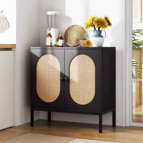 31.5 Sideboard Buffet Cabinet, Rattan Storage Cabinet with Adjustable Shelves, Kitchen Pantry Cabinet for Living Dining Room Entryway