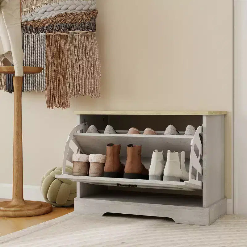 AndMakers Mobile Porta Scarpe Bianco Antico da 44.98 cm H x 60 cm L con 1 Cassetto a Ribalta e Ripiano Regolabile