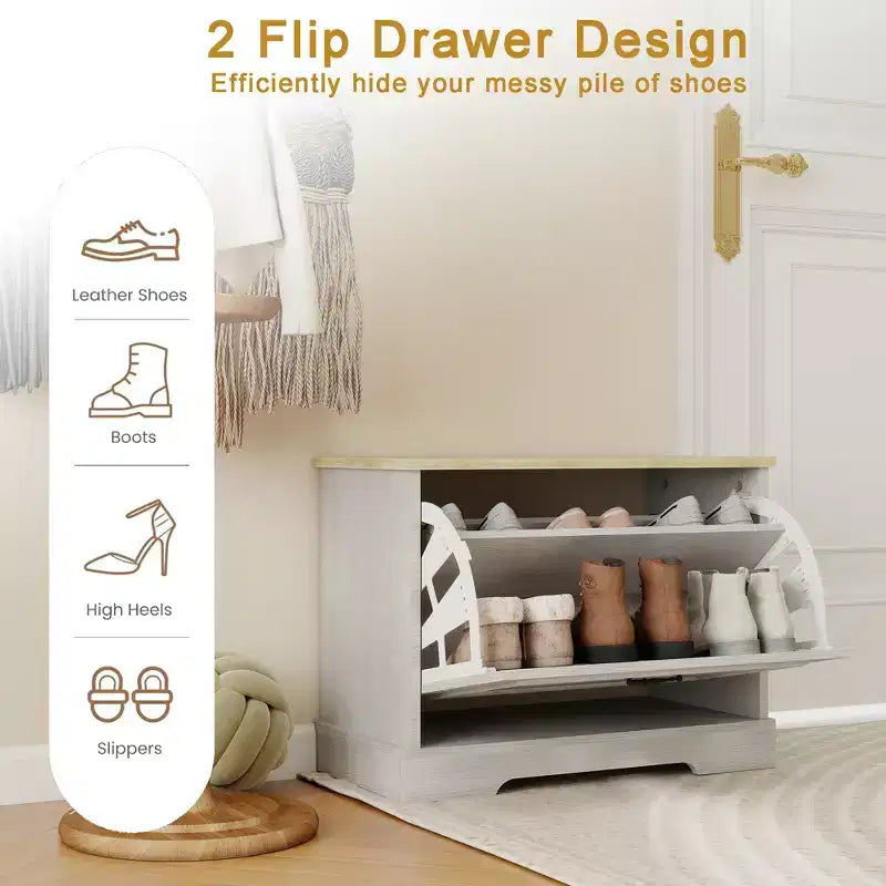 AndMakers Mobile Porta Scarpe Bianco Antico da 44.98 cm H x 60 cm L con 1 Cassetto a Ribalta e Ripiano Regolabile