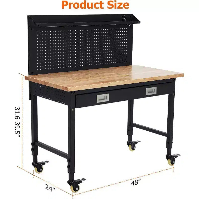 Banco da Lavoro Regolabile in Altezza 48 x 24, Banco da Lavoro con Piano in Legno di Gomma Resistente con Cassetto Portaoggetti e Pannello Forato, Capacità di Carico 2000 LBS, Porta Utensili